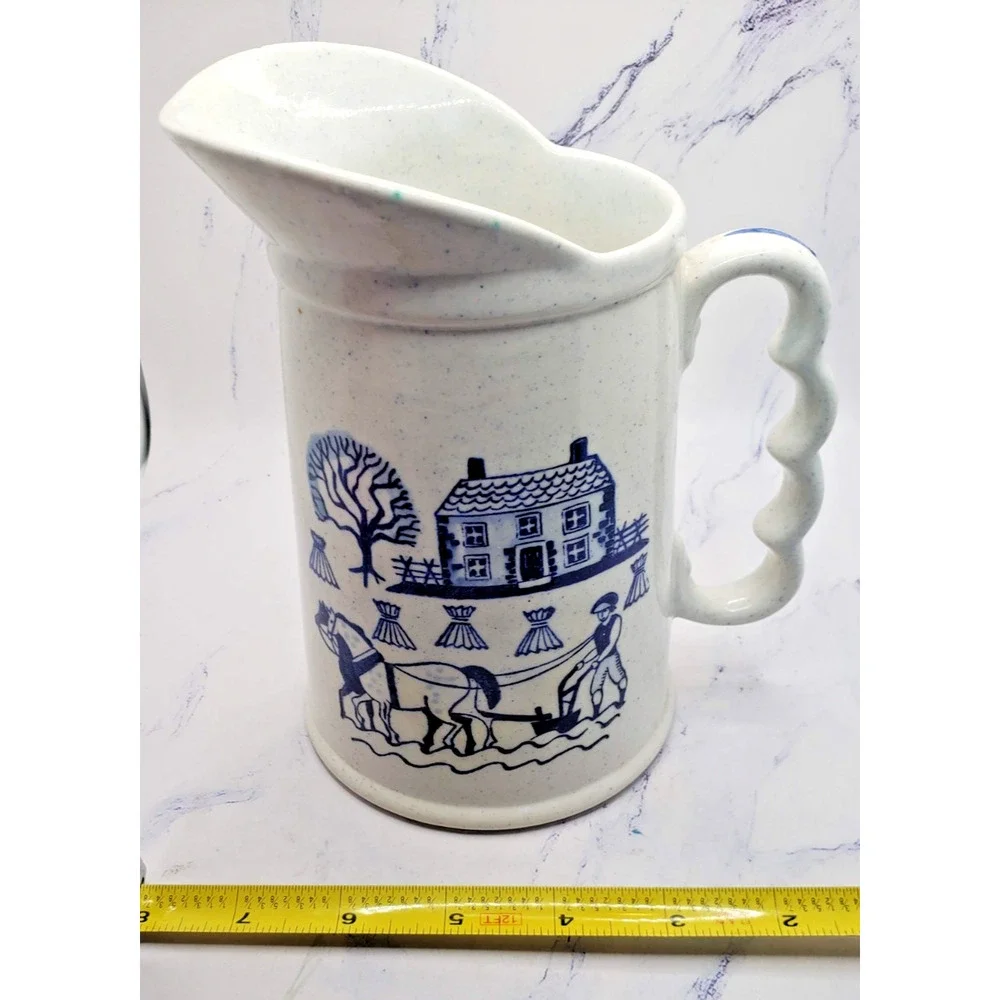Vintage White Ceramic Plow Scene Speckle Homestead Provincial Poppytrail Pitcher
